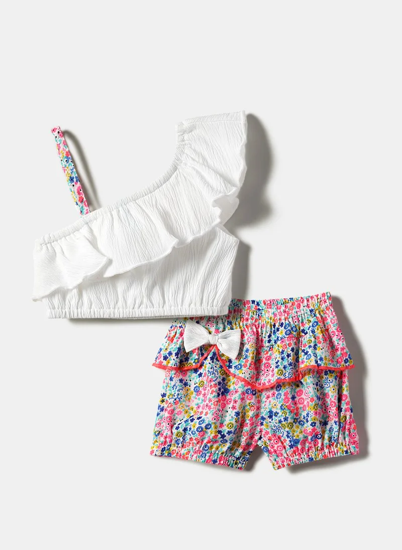 Nautinati Girls' Single-shouldered Top & All-over Floral Shorts Co-ord Set